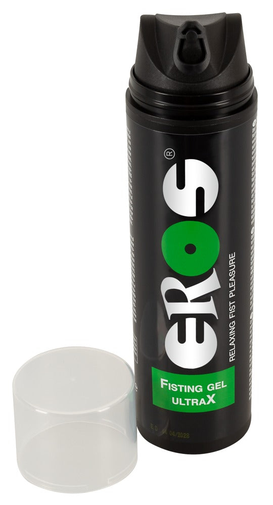 EROS Fisting Gel UltraX Hybrid-Gleitgel in schwarzer Flasche mit abgenommenem Verschluss