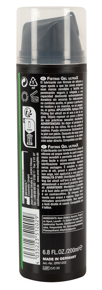 EROS Fisting Gel UltraX Hybrid-Gleitgel in der Flasche mit Produktinformationen auf der Rückseite