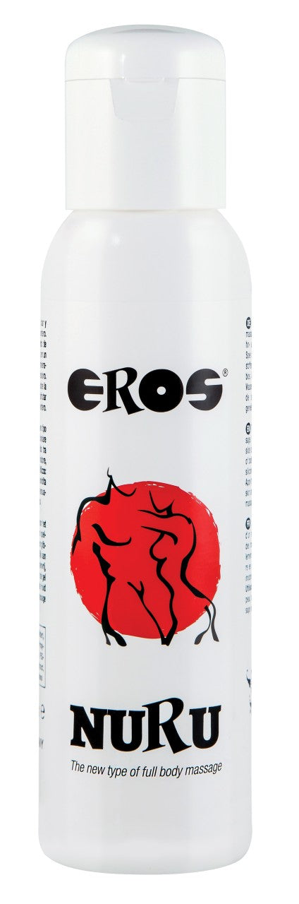 EROS Nuru Massagegel für sinnliche Body-to-Body-Massage – weiße Flasche mit rotem Nuru-Etikett in frontaler Produktansicht