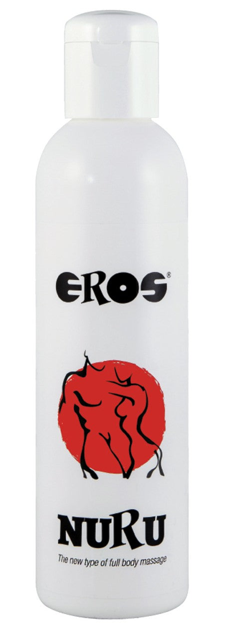 EROS Nuru Massagegel für Body-to-Body-Massage – weiße Flasche mit Pumpverschluss in leicht seitlicher Produktansicht