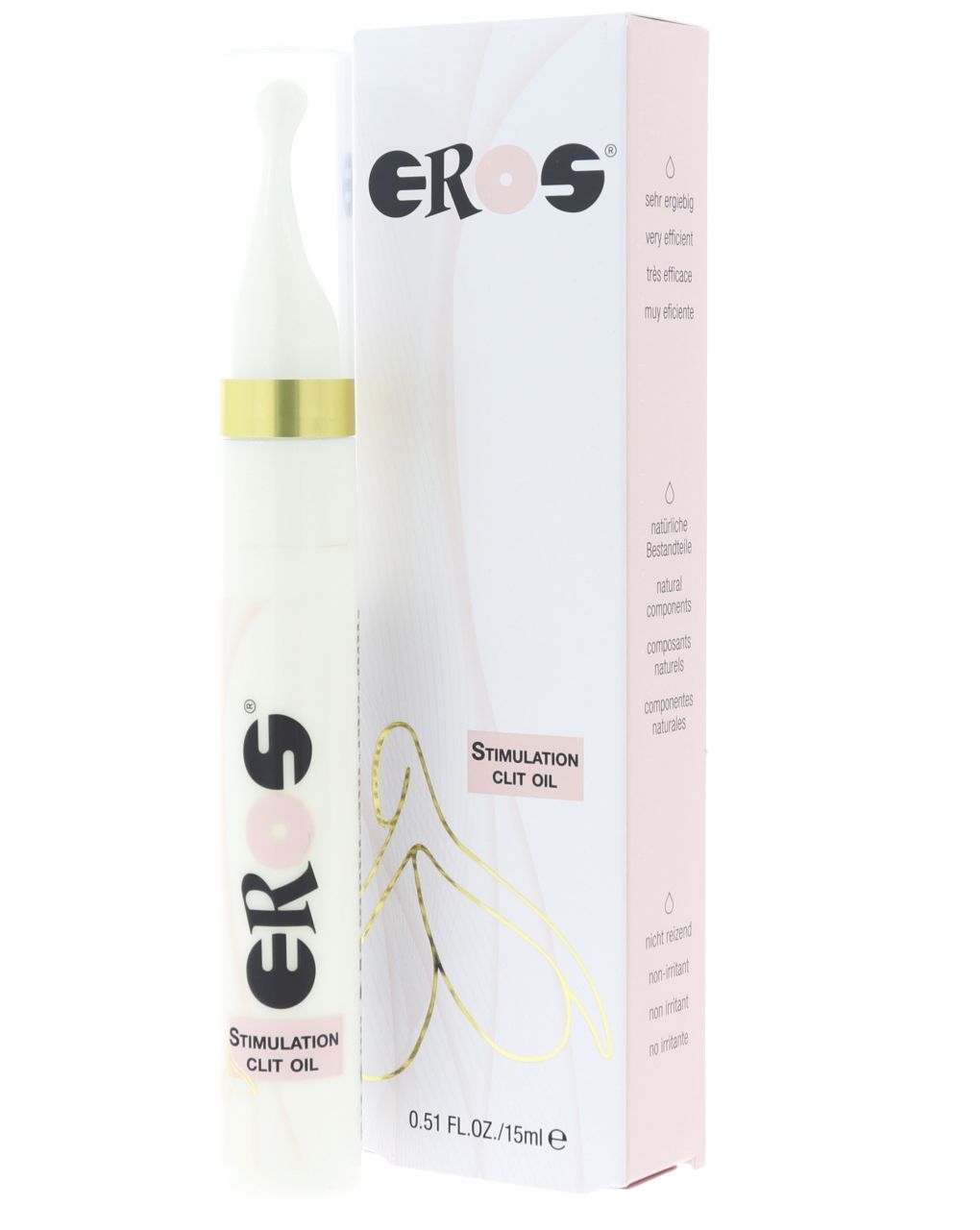 EROS Stimulation Clit Oil sinnliches Stimulationsöl für die Klitoris mit Flasche und Originalverpackung in der Vorderansicht
