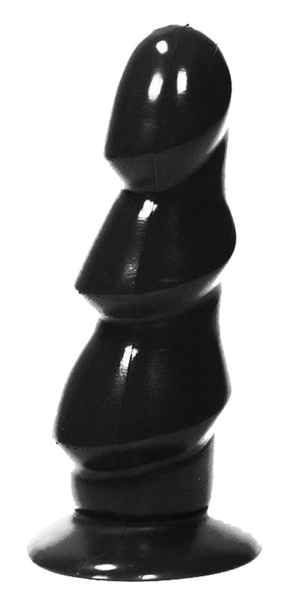 ALL BLACK 3-Waves-Dildo – schwarzer Dildo mit drei ausgeprägten, spiralförmig versetzten Wellen, glatter glänzender Oberfläche, abgerundeter Spitze und breiter Standbasis in schräger Produktansicht auf weißem Hintergrund – erhältlich bei Evoria Care