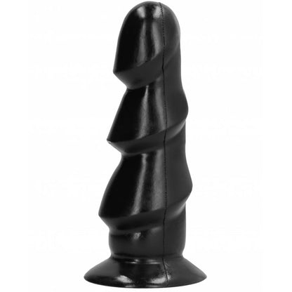 ALL BLACK 3-Waves-Dildo – schwarzer Dildo mit drei übereinander angeordneten, geschwungenen Verdickungen, glänzender Oberfläche und breiter runder Standbasis in frontaler Produktansicht auf weißem Hintergrund – erhältlich bei Evoria Care