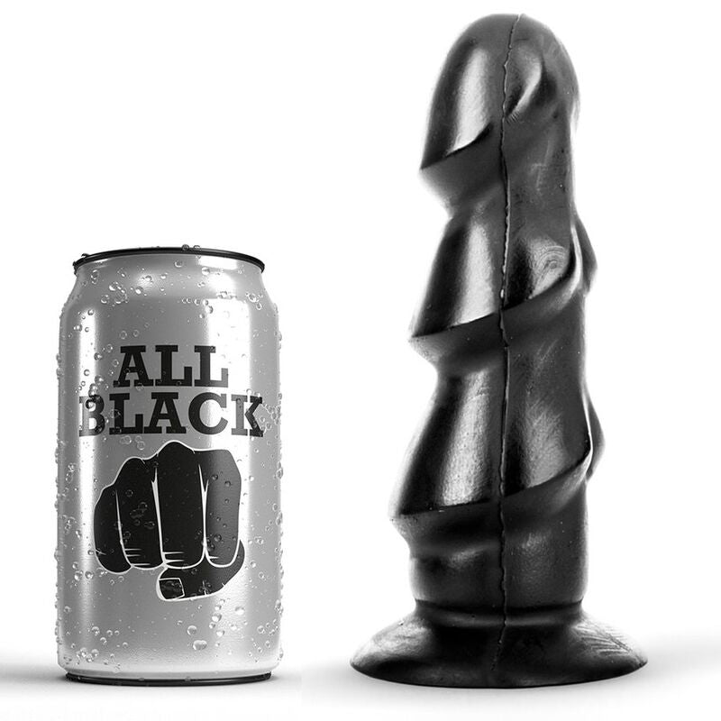 ALL BLACK 3-Waves-Dildo – schwarzer Dildo mit drei markanten Wellenverdickungen und verbreiterter Basis, aufrecht neben einem kleinen Vergleichsobjekt zur Veranschaulichung der Produktgröße dargestellt – erhältlich bei Evoria Care