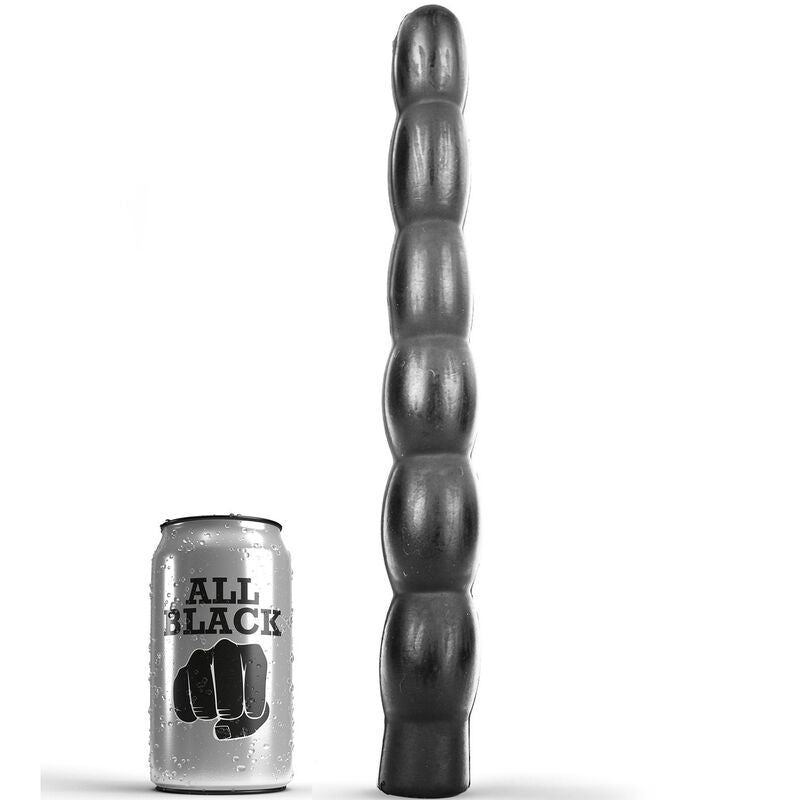 ALL BLACK 6-Steps-Dildo – schwarzer Dildo mit abgestufter Kugelstruktur und verbreiterter Basis, aufrecht neben einem kleinen Vergleichsobjekt zur Veranschaulichung der Produktgröße dargestellt – erhältlich bei Evoria Care