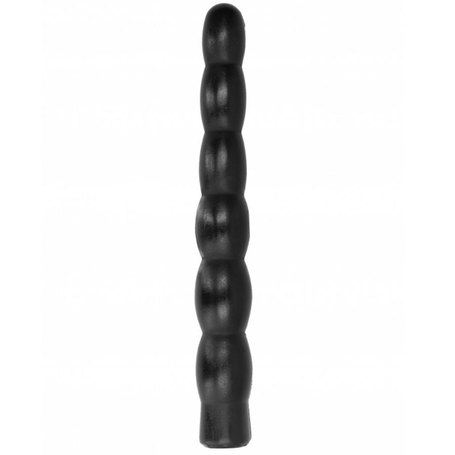 ALL BLACK 6-Steps-Dildo – schwarzer Dildo mit länglichem Schaft, sechs abgestuften Verdickungen, abgerundeter Spitze und verbreiterter Basis in seitlicher Gesamtansicht auf weißem Hintergrund – erhältlich bei Evoria Care