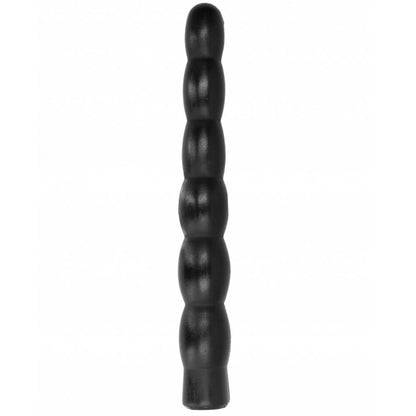 ALL BLACK 6-Steps-Dildo – schwarzer Dildo mit länglichem Schaft, sechs abgestuften Verdickungen, abgerundeter Spitze und verbreiterter Basis in seitlicher Gesamtansicht auf weißem Hintergrund – erhältlich bei Evoria Care