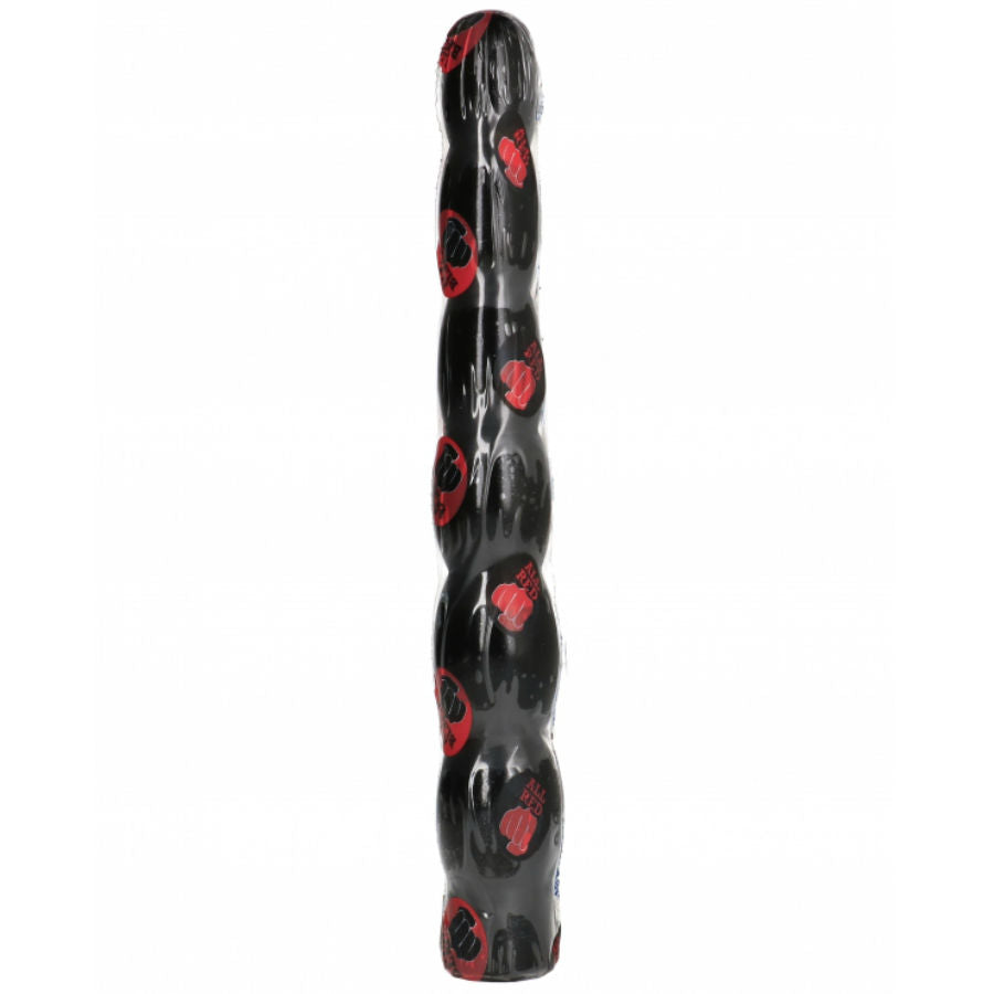 ALL BLACK 6-Steps-Dildo – schwarzer länglicher Dildo mit mehreren abgestuften Verdickungen und roten Markierungen entlang des strukturierten Schafts auf weißem Hintergrund – erhältlich bei Evoria Care