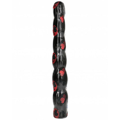 ALL BLACK 6-Steps-Dildo – schwarzer länglicher Dildo mit mehreren abgestuften Verdickungen und roten Markierungen entlang des strukturierten Schafts auf weißem Hintergrund – erhältlich bei Evoria Care