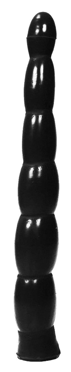 ALL BLACK 6-Steps-Dildo – schwarzer Dildo mit sechs abgestuften Verdickungen, länglichem Schaft, abgerundeter Spitze und verbreiterter Basis in aufrechter Produktansicht auf weißem Hintergrund – erhältlich bei Evoria Care