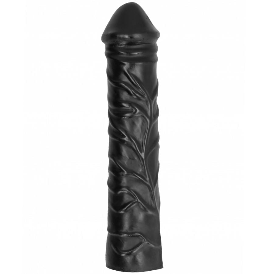 ALL BLACK Black Monster-Dong – schwarzer XXL-Dildo mit länglichem Schaft, ausgeprägten unregelmäßigen Oberflächenstrukturen und abgerundeter Spitze in seitlicher Gesamtansicht auf weißem Hintergrund – erhältlich bei Evoria Care