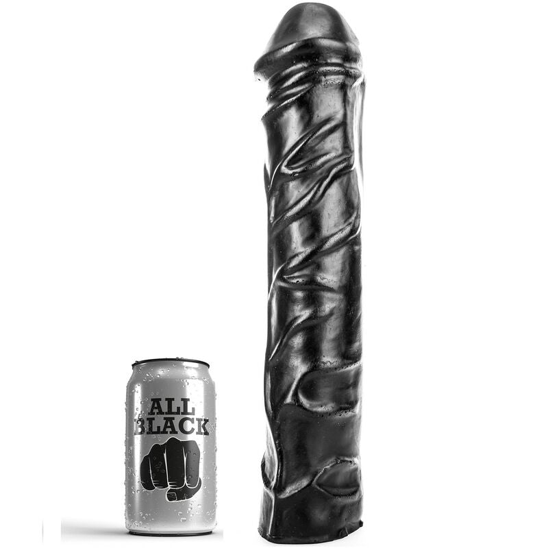 ALL BLACK Black Monster-Dong – schwarzer großformatiger Dildo mit anatomisch geformter Spitze und stark strukturierter Oberfläche, aufrecht neben einem kleinen Vergleichsobjekt zur Veranschaulichung der Produktgröße dargestellt – erhältlich bei Evoria Care
