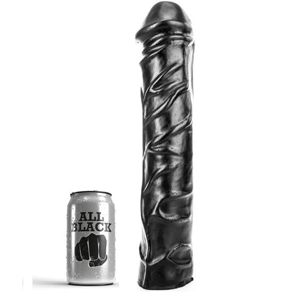 ALL BLACK Black Monster-Dong – schwarzer großformatiger Dildo mit anatomisch geformter Spitze und stark strukturierter Oberfläche, aufrecht neben einem kleinen Vergleichsobjekt zur Veranschaulichung der Produktgröße dargestellt – erhältlich bei Evoria Care