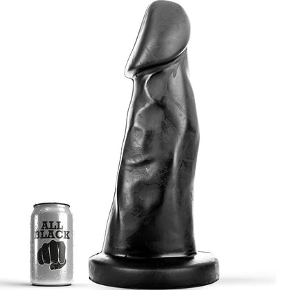 ALL BLACK Giant-Penis-Dildo – schwarzer XXL-Dildo mit anatomisch geformter Eichel, strukturiertem Schaft und breiter Basis, aufrecht neben einem kleinen Vergleichsobjekt zur Veranschaulichung der Produktgröße dargestellt – erhältlich bei Evoria Care