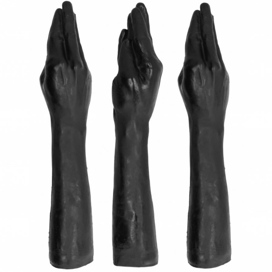 ALL BLACK Hand mit Arm – schwarzer anatomischer XXL-Dildo in Form einer Hand mit Unterarm, in drei verschiedenen Perspektiven nebeneinander dargestellt, mit sichtbaren Fingerkonturen, Handform und länglichem Unterarm – erhältlich bei Evoria Care
