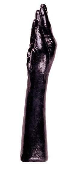 ALL BLACK Hand mit Arm – schwarzer anatomischer XXL-Dildo in Form eines menschlichen Unterarms mit geschlossener, nach oben gerichteter Hand, ausgeformten Fingern und glänzender Oberfläche in aufrechter Produktansicht auf weißem Hintergrund – erhältlich bei Evoria Care