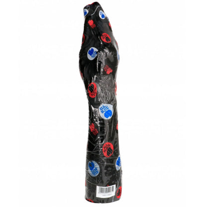 ALL BLACK Hand mit Arm – schwarzer anatomischer XXL-Dildo mit ausgeformter Hand, länglichem Unterarm und zahlreichen roten und blauen Markierungen entlang der Oberfläche in aufrechter Produktansicht – erhältlich bei Evoria Care