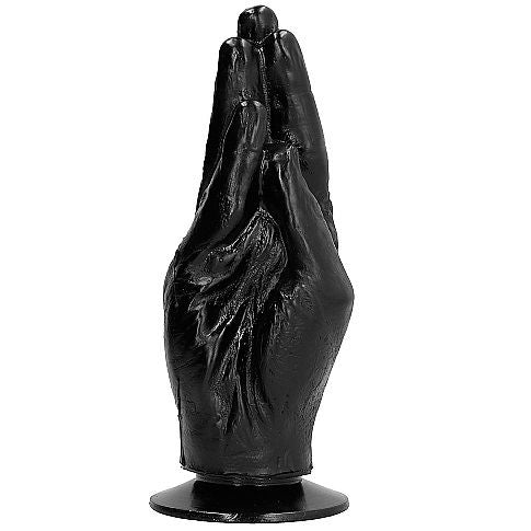 ALL BLACK Hand mit Saugfuß – schwarzer anatomischer XXL-Dildo mit aufrecht geformter Hand, eng anliegenden Fingern, ausgeprägten Handkonturen und verbreiterter Standbasis in frontaler Produktansicht – erhältlich bei Evoria Care