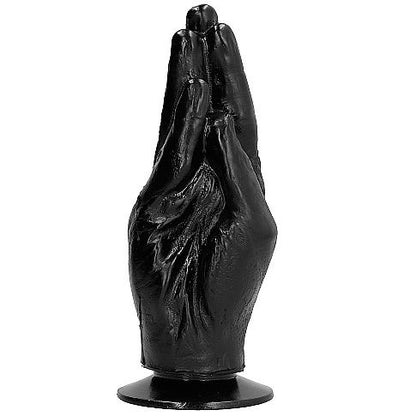 ALL BLACK Hand mit Saugfuß – schwarzer anatomischer XXL-Dildo mit aufrecht geformter Hand, eng anliegenden Fingern, ausgeprägten Handkonturen und verbreiterter Standbasis in frontaler Produktansicht – erhältlich bei Evoria Care