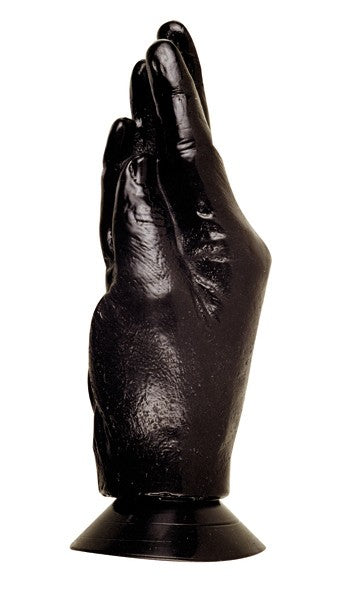 ALL BLACK Hand mit Saugfuß – schwarzer anatomischer XXL-Dildo in Form einer aufrecht gehaltenen menschlichen Hand mit ausgeformten Fingern, glänzender Oberfläche und breitem Saugfuß in schräger Produktansicht auf weißem Hintergrund – erhältlich bei Evoria Care