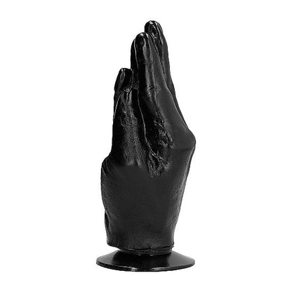 ALL BLACK Hand mit Saugfuß – schwarzer anatomischer Hand-Dildo mit ausgeformten Fingern, sichtbarer Daumenkontur und breitem Saugfuß in seitlicher Produktansicht auf weißem Hintergrund – erhältlich bei Evoria Care