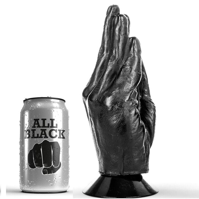 ALL BLACK Hand mit Saugfuß – schwarzer XXL-Dildo in anatomischer Handform mit detaillierten Fingerkonturen und breiter Saugbasis, aufrecht neben einem kleinen Vergleichsobjekt zur Veranschaulichung der Produktgröße dargestellt – erhältlich bei Evoria Care
