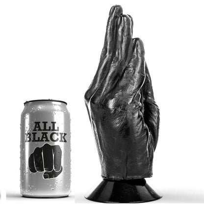 ALL BLACK Hand mit Saugfuß – schwarzer XXL-Dildo in anatomischer Handform mit detaillierten Fingerkonturen und breiter Saugbasis, aufrecht neben einem kleinen Vergleichsobjekt zur Veranschaulichung der Produktgröße dargestellt – erhältlich bei Evoria Care