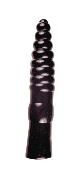 ALL BLACK Stroker – schwarzer XXL-Dildo mit länglichem Schaft, zahlreichen eng angeordneten Rippen, abgestuften Verdickungen und glattem unteren Griffbereich in aufrechter Produktansicht auf weißem Hintergrund – erhältlich bei Evoria Care