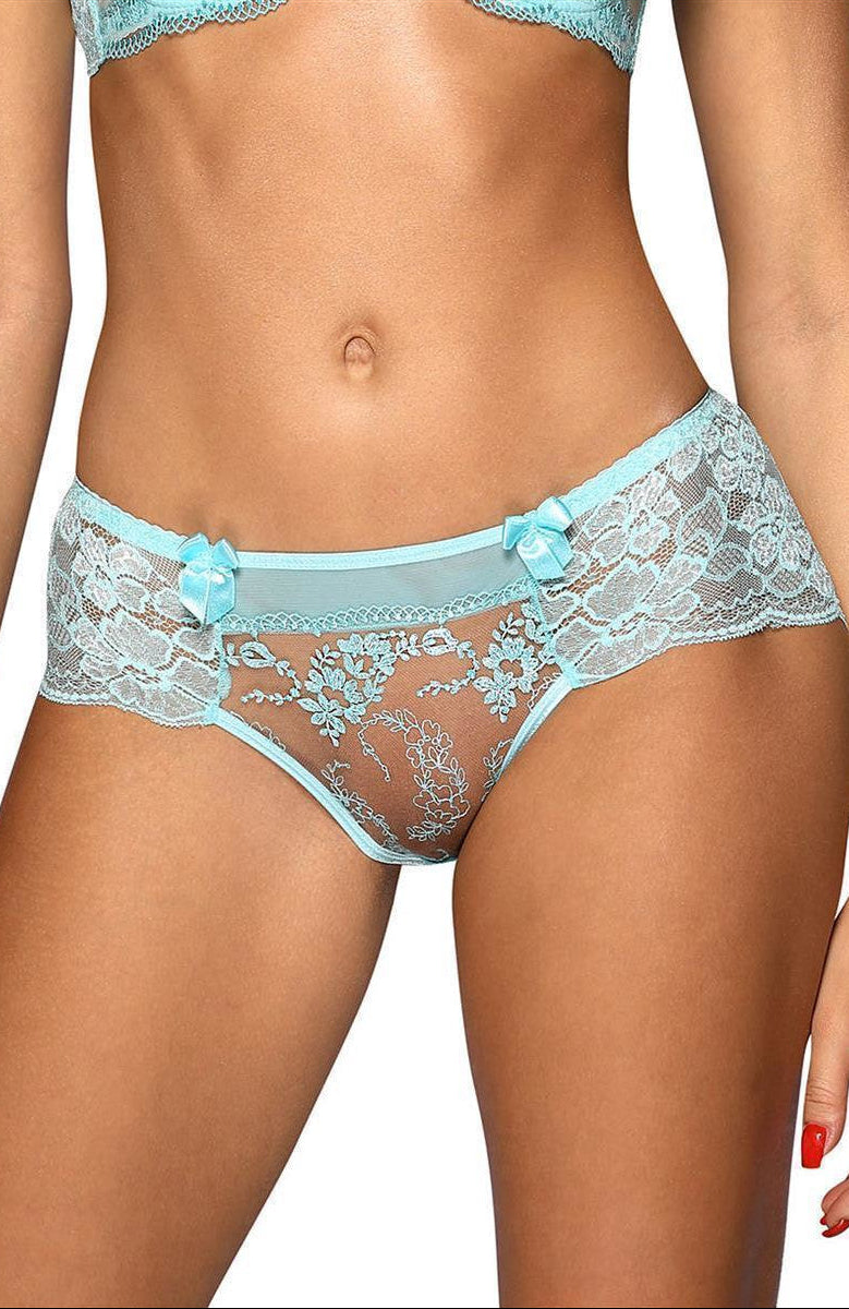 Axami V-10133 Spitzen-Panty in Blau – große Modelansicht von vorne mit floraler Spitze, transparentem Tüll und dekorativen Schleifendetails – erhältlich bei Evoria Care