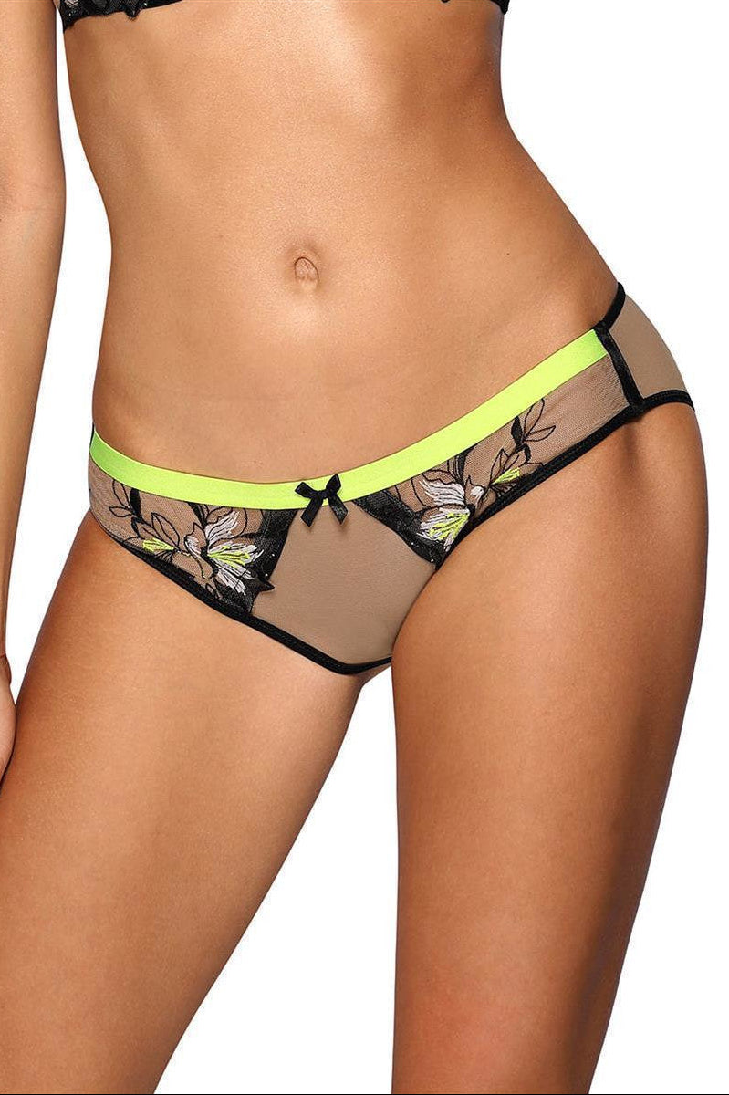 Axami V-10153 Panty in Beige-Schwarz – große Modelansicht von vorne mit transparentem Material, floraler Stickerei und kontrastierenden schwarzen Details – erhältlich bei Evoria Care