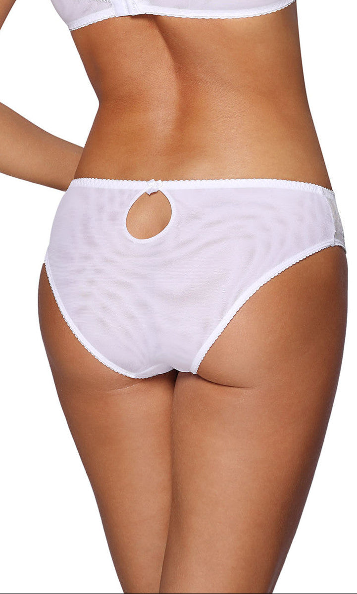 Axami V-10203 Panty in Weiß – Modelansicht von hinten mit floralen Details, transparenten Einsätzen und körpernaher Passform – erhältlich bei Evoria Care