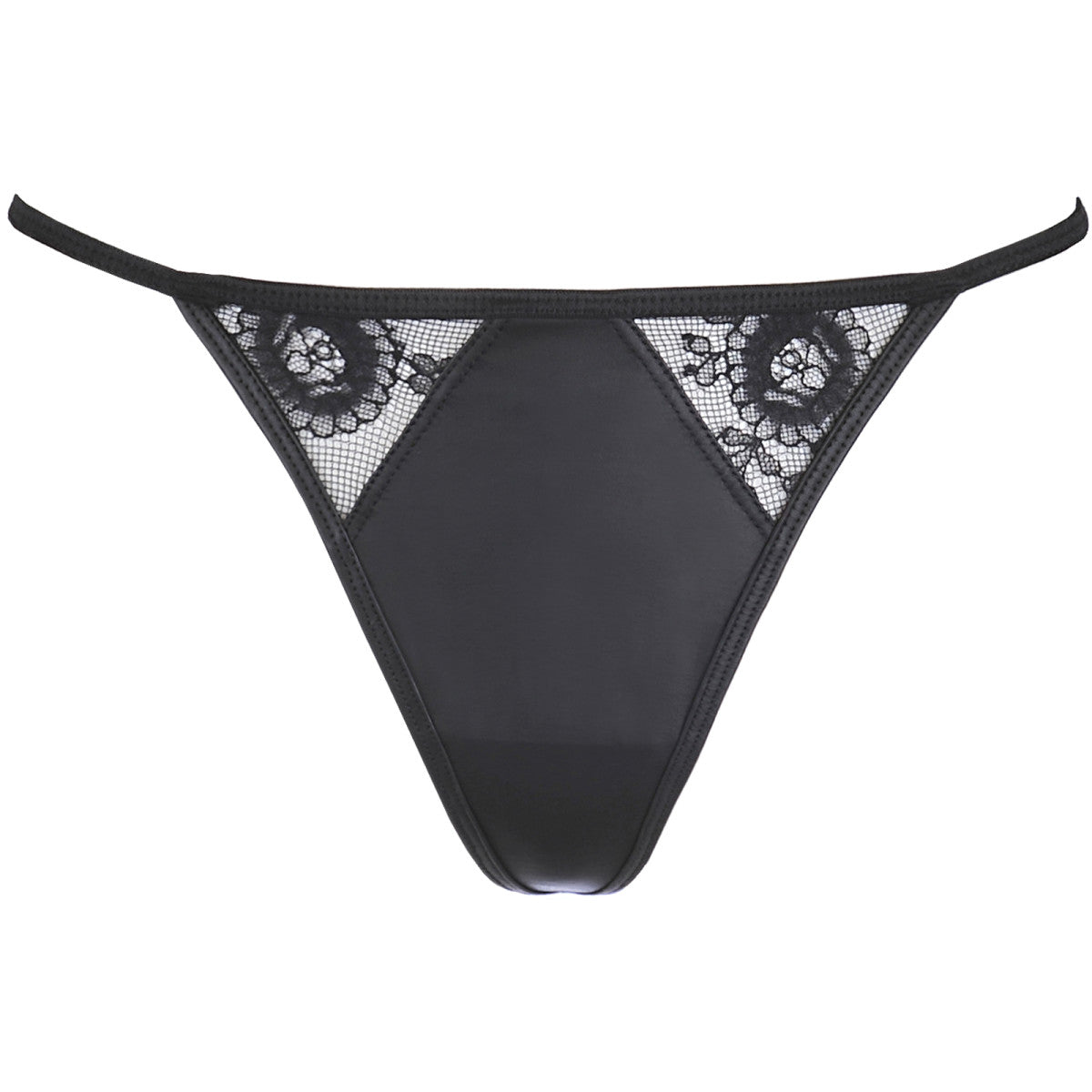 Axami V-9789 String in Schwarz – Vorderansicht mit transparenter floraler Spitze und dekorativen Details – erhältlich bei Evoria Care