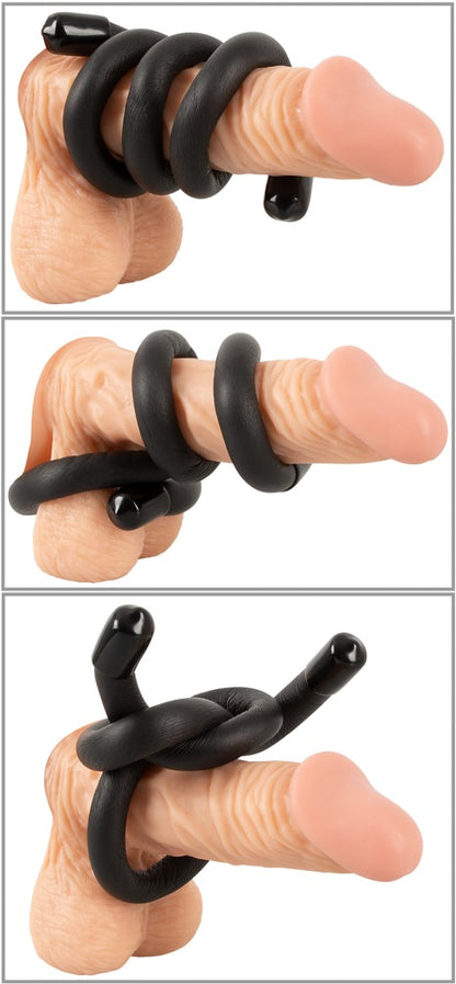 Bad Kitty Bendable Cock & Ball Ring in Schwarz, zwei Handhabungsabbildungen zur Veranschaulichung des flexiblen Schafts und seiner unterschiedlichen Biegemöglichkeiten – erhältlich bei Evoria Care