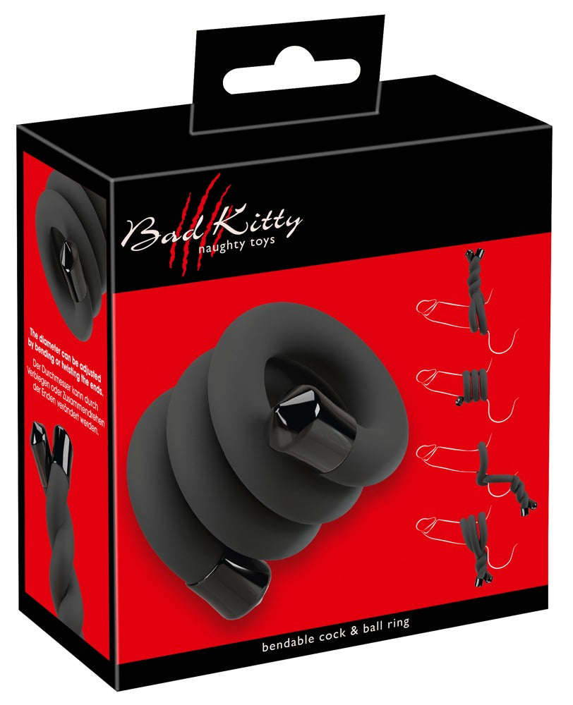 Bad Kitty Bendable Cock & Ball Ring in schwarz-roter Originalverpackung mit Abbildung des spiralförmig gebogenen Penis- und Hodenrings und Bad Kitty Markenlogo – erhältlich bei Evoria Care