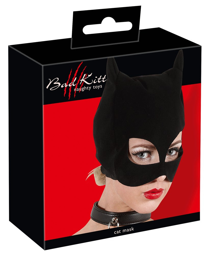 Bad Kitty Cat-Maske in Schwarz mit kleinen Katzenohren in schwarz-roter Originalverpackung mit Porträtabbildung der Maske am Model und Bad Kitty Markenlogo – erhältlich bei Evoria Care