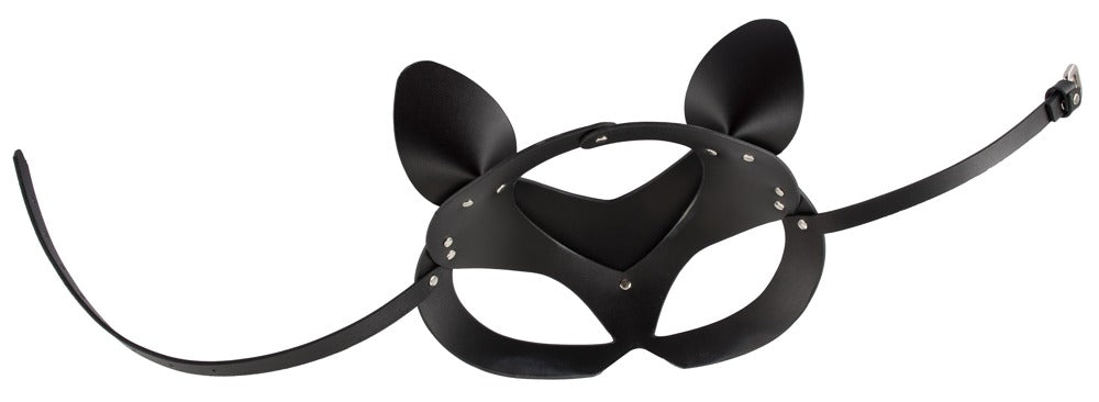 Bad Kitty Catmask Strass formstabile Katzenmaske in Schwarz mit spitzen Katzenohren, glänzender Oberfläche, Augenöffnungen und seitlich ausgelegtem Befestigungsband auf weißem Hintergrund – erhältlich bei Evoria Care
