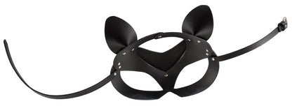 Bad Kitty Catmask Strass formstabile Katzenmaske in Schwarz mit spitzen Katzenohren, glänzender Oberfläche, Augenöffnungen und seitlich ausgelegtem Befestigungsband auf weißem Hintergrund – erhältlich bei Evoria Care