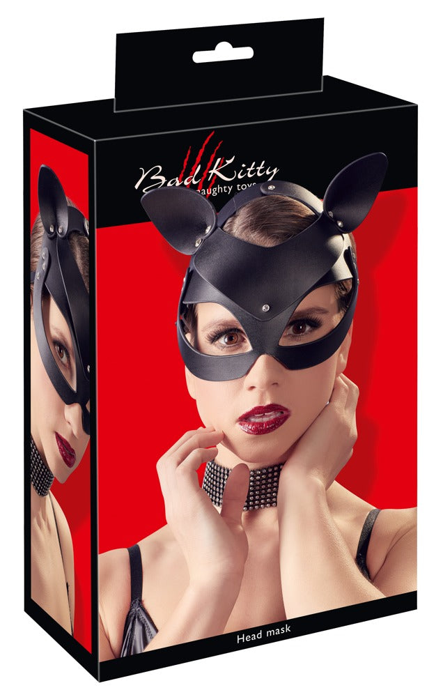 Bad Kitty Catmask Strass formstabile schwarze Katzenmaske mit spitzen Ohren und dekorativen Strassdetails in schwarz-roter Originalverpackung mit Produktabbildung am Model und Bad Kitty Markenlogo – erhältlich bei Evoria Care