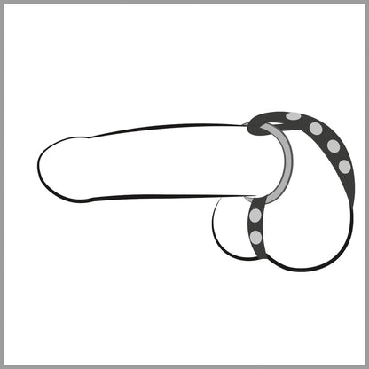 Bad Kitty Cock/Ball Ring mit schwarzem verstellbarem Riemen und silberfarbenen Metallringen in seitlicher Produktansicht – erhältlich bei Evoria Care