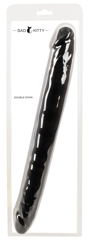 Bad Kitty Double Dong flexibler Doppeldildo in Schwarz mit zwei abgerundeten Enden, vertikal neben einer Maßskala zur Veranschaulichung der Produktlänge dargestellt – erhältlich bei Evoria Care