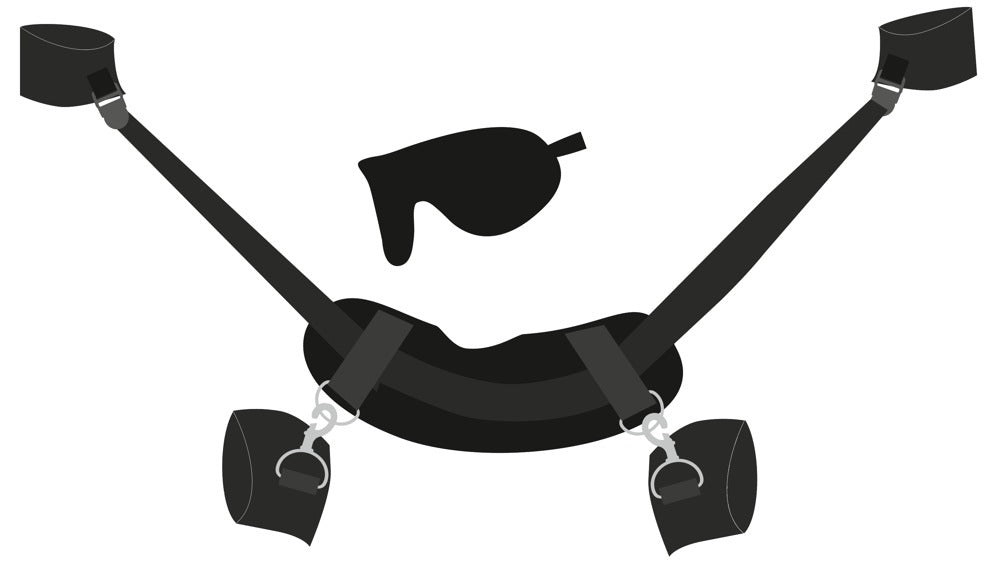 Bad Kitty Hals-Hand-Fuß-Fessel schwarzes Ganzkörper-Bondage-Verbindungssystem mit mehreren Riemen, gepolsterten Manschetten und silberfarbenen Metallringen in freigestellter Produktübersicht – erhältlich bei Evoria Care