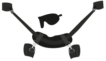 Bad Kitty Hals-Hand-Fuß-Fessel schwarzes Ganzkörper-Bondage-Verbindungssystem mit mehreren Riemen, gepolsterten Manschetten und silberfarbenen Metallringen in freigestellter Produktübersicht – erhältlich bei Evoria Care