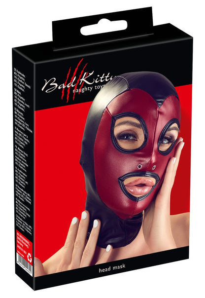 Bad Kitty hochelastische Fetish-Kopfmaske mit schwarz-rotem Kontrastdesign in schwarz-roter Originalverpackung mit Produktabbildung der glänzenden Kopfmaske am Model und Bad Kitty Markenlogo – erhältlich bei Evoria Care