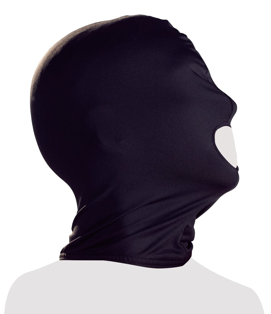 Bad Kitty schwarze Kopfmaske mit eng anliegender Form, glatter Oberfläche und ovaler Mundöffnung, in freigestellter seitlicher Profilansicht auf weißem Hintergrund – erhältlich bei Evoria Care