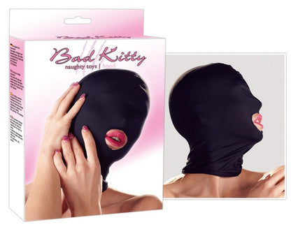 Bad Kitty Kopfmaske in Schwarz mit vollständig verdeckter Augenpartie und ovaler Mundöffnung, zweiteilige Produktgrafik mit frontaler Modelansicht und rückseitiger Darstellung der geschlossenen Kopfform – erhältlich bei Evoria Care