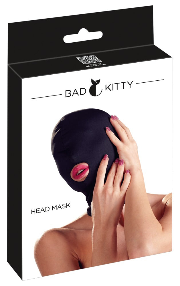 Bad Kitty Kopfmaske in Schwarz mit geschlossener Augenpartie und ovaler Mundöffnung, dargestellt in schwarz-weißer Originalverpackung mit Produktabbildung am Model und Bad Kitty Markenlogo – erhältlich bei Evoria Care