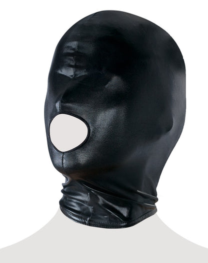 Bad Kitty glänzende Kopfmaske in Schwarz mit glatter Oberfläche, geschlossener Augenpartie, ovaler Mundöffnung und eng anliegender Halsabdeckung in freigestellter seitlicher Profilansicht – erhältlich bei Evoria Care