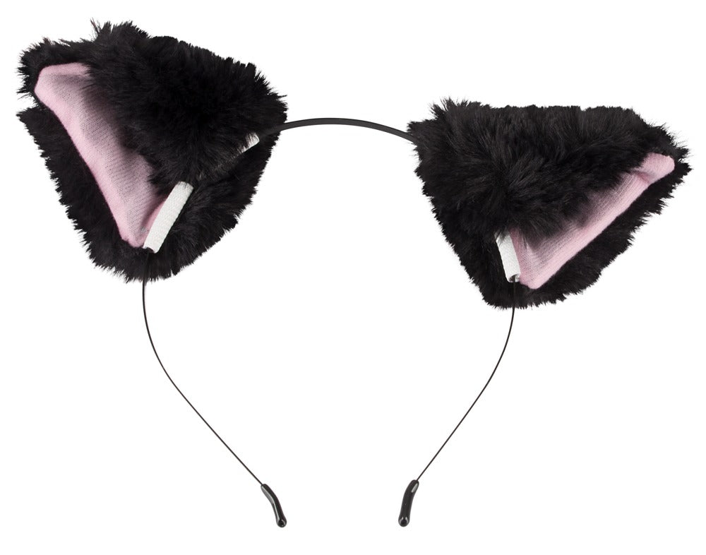 Bad Kitty Pet Play Plug & Ears zwei schwarze flauschige Katzenohren mit rosafarbenen Innenflächen und schmalen Befestigungsbändern in freigestellter Vorderansicht – erhältlich bei Evoria Care