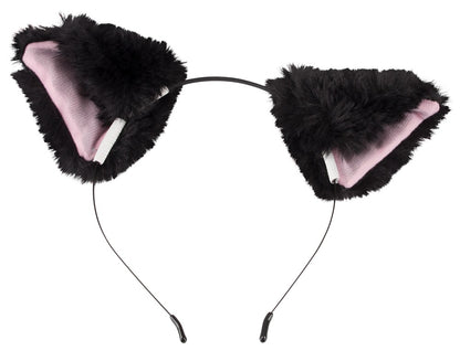 Bad Kitty Pet Play Plug & Ears zwei schwarze flauschige Katzenohren mit rosafarbenen Innenflächen und schmalen Befestigungsbändern in freigestellter Vorderansicht – erhältlich bei Evoria Care