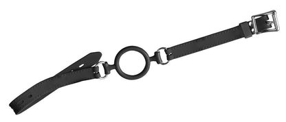 Bad Kitty Ringknebel offene Mundsperre in Schwarz und Silber mit rundem Metallring, schwarzer Silikonummantelung, seitlichen Befestigungselementen und verstellbarem Kopfriemen in horizontaler Gesamtansicht auf weißem Hintergrund – erhältlich bei Evoria Care